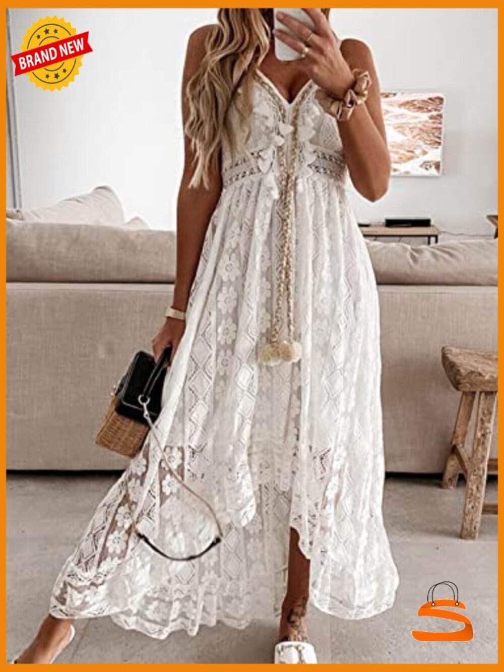 Maxi Summer Dress Lace V Neck Sleeveless Boho Crochet Tassel Beach Vacation - Picture 6 of 7